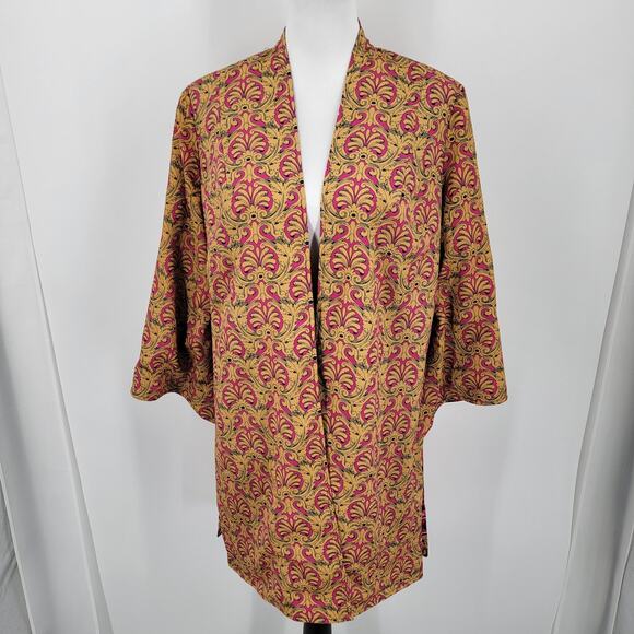 Chico's Reversible Kimono Womens Medium Pink Blue Gold Mixed Print Open Front - Picture 5 of 14